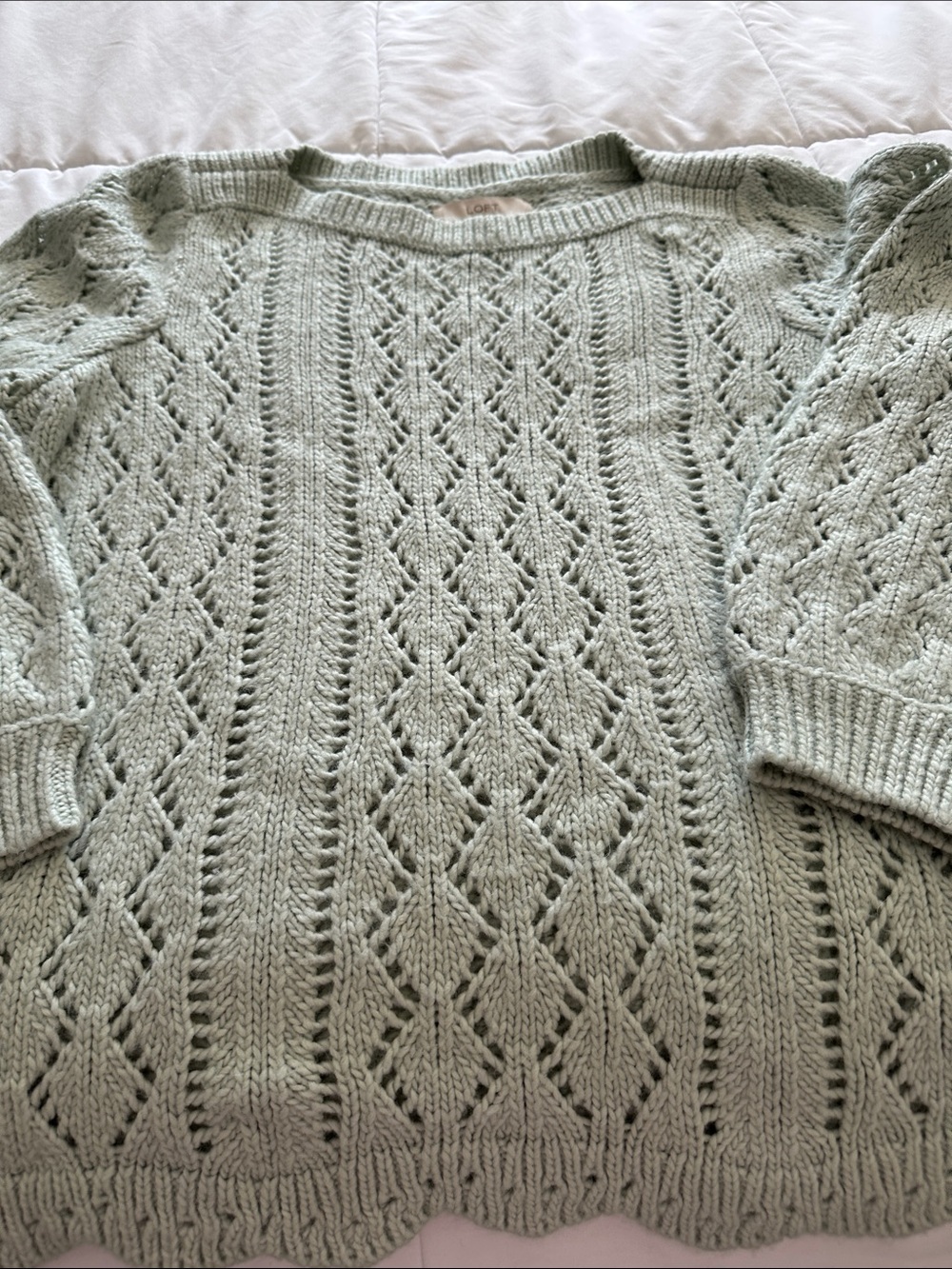 LOFT Light Sage Openwork Knit Crewneck Sweater
